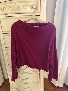 Free People Waffle Knit Scoop Neck Sweater in Deep Berry